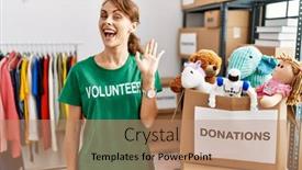  Presentation with volunteer - PPT theme consisting of beautiful-caucasian-woman-wearing-volunteer background and a  colored foreground