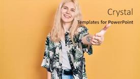  Presentation with hair - PPT theme featuring beautiful-caucasian-woman-with-blond background and a yellow colored foreground