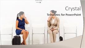  Presentation with interview - Slide deck having beautiful caucasian women chatting before employment interview background and a white colored foreground