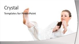  Presentation with kimono - Cool new slide set with beautiful caucasian young woman makes a kick in karate kimono on white background backdrop and a white colored foreground
