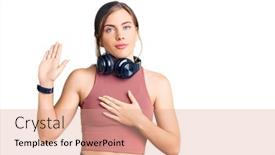  Presentation with hand palm - Amazing slide set having beautiful-caucasian-young-woman-wearing backdrop and a coral colored foreground