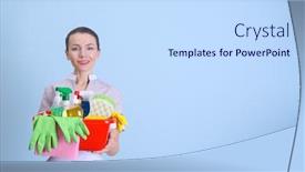  Presentation with equipment - Presentation theme with beautiful-chambermaid-with-cleaning-equipment background and a sky blue colored foreground