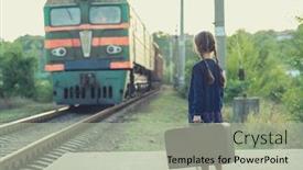  Presentation with luggage - Amazing PPT theme having beautiful charming little girl with pigtails waiting for train at station dressed dark blue dress with flowers and blouse holding big vintage luggage young traveler retro stylization cute kid backdrop and a mint green colored foreground