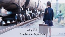  Presentation with train and travel - Slide deck enhanced with beautiful charming little girl with pigtails waiting for train at station dressed dark blue dress with flowers and blouse holding big vintage luggage young traveler retro stylization background and a light blue colored foreground