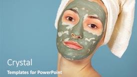  Presentation with anti aging - PPT theme having beautiful-cheerful-girl-applying-facial background and a teal colored foreground