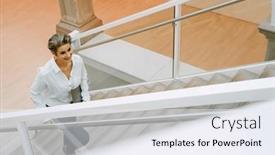  Presentation with upstairs - PPT theme featuring beautiful-cheerful-mature-woman-wearing background and a sky blue colored foreground