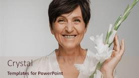  Presentation with flower woman - Presentation theme having beautiful-cheerful-senior-woman background and a coral colored foreground