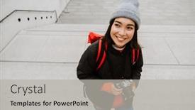  Presentation with climbing stairs - Presentation theme featuring beautiful-cheerful-young-asian-woman background and a light gray colored foreground