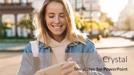  Presentation with mobile games - PPT theme enhanced with beautiful-cheerful-young-blonde-woman background and a coral colored foreground