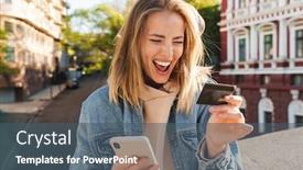  Presentation with credit card - Slide deck having beautiful-cheerful-young-blonde-woman background and a dark gray colored foreground