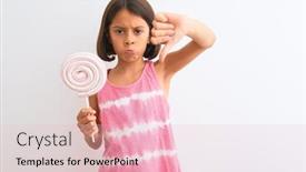  Presentation with angry child - PPT theme with beautiful child girl eating sweet lollipop standing over isolated white background with angry face negative sign showing dislike with thumbs down rejection concept background and a lemonade colored foreground