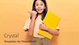  Presentation with open book - PPT layouts having beautiful-child-girl-holding-book background and a yellow colored foreground