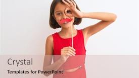  Presentation with child eye - Presentation theme consisting of beautiful child girl holding fanny party mustache standing over isolated white background with happy face smiling doing ok sign with hand on eye looking through fingers background and a soft green colored foreground