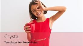  Presentation with child eye - Presentation design with beautiful child girl holding red cup of tea standing over isolated white background with happy face smiling doing ok sign with hand on eye looking through fingers background and a red colored foreground