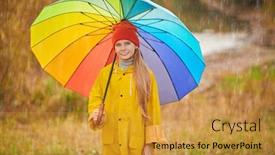  Presentation with under umbrella - PPT theme featuring beautiful child girl in bright autumn clothes stands under the rain at the autumn park with large multi-colored umbrella happy mood of autumn background and a gold colored foreground