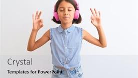  Presentation with music headphones - PPT theme having beautiful child girl listening to music using headphones over isolated white background relax and smiling with eyes closed doing meditation gesture with fingers yoga concept background and a light blue colored foreground