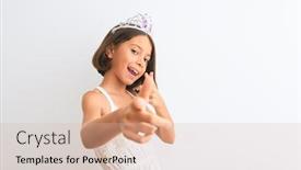  Presentation with princess - Slide deck with beautiful child girl wearing princess crown standing over isolated white background pointing fingers to camera with happy and funny face good energy and vibes background and a lemonade colored foreground