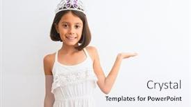  Presentation with princess - Slide set with beautiful child girl wearing princess crown standing over isolated white background smiling cheerful presenting and pointing with palm of hand looking at the camera background and a sky blue colored foreground