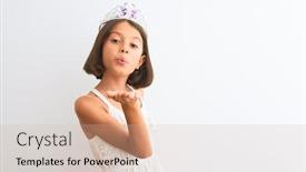  Presentation with princess - Slide set with beautiful child girl wearing princess crown standing over isolated white background looking at the camera blowing a kiss with hand on air being lovely love expression background and a soft green colored foreground