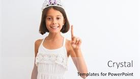  Presentation with princess - Beautiful slide deck featuring beautiful child girl wearing princess crown standing over isolated white background showing and pointing up with finger number one while smiling confident and happy backdrop and a sky blue colored foreground