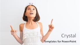  Presentation with princess - Cool new PPT theme with beautiful child girl wearing princess crown standing over isolated white background amazed and surprised looking up and pointing with fingers and raised arms backdrop and a sky blue colored foreground