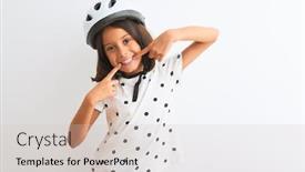  Presentation with health security - Colorful PPT theme enhanced with beautiful child girl wearing security bike helmet standing over isolated white background smiling cheerful showing and pointing with fingers teeth and mouth dental health concept backdrop and a soft green colored foreground