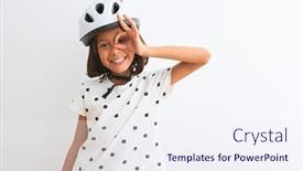  Presentation with child eye - PPT theme with beautiful child girl wearing security bike helmet standing over isolated white background doing ok gesture with hand smiling eye looking through fingers with happy face background and a sky blue colored foreground