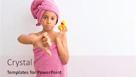  Presentation with angry child - PPT layouts having beautiful child girl wearing shower towel holding duck over isolated white background with angry face negative sign showing dislike with thumbs down rejection concept background and a coral colored foreground