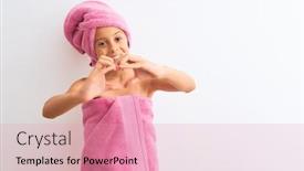 Presentation with heart hands - Beautiful PPT theme featuring beautiful child girl wearing shower towel after bath standing over isolated white background smiling in love doing heart symbol shape with hands romantic concept backdrop and a coral colored foreground