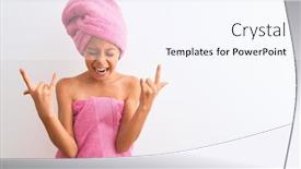 Presentation with rock music - Audience pleasing slide set consisting of beautiful child girl wearing shower towel after bath standing over isolated white background shouting with crazy expression doing rock symbol with hands up music star heavy concept backdrop and a cool aqua colored foreground