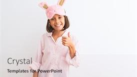 Presentation with sleep - Cool new slides with beautiful child girl wearing sleep mask and pajama standing over isolated white background doing happy thumbs up gesture with hand approving expression looking at the camera showing success backdrop and a lemonade colored foreground