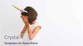  Presentation with unicorn girl - Amazing slide set having beautiful child girl wearing unicorn diadem standing over isolated white background with sad expression covering face with hands while crying depression concept backdrop and a sky blue colored foreground