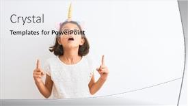  Presentation with unicorn girl - Presentation design consisting of beautiful child girl wearing unicorn diadem standing over isolated white background amazed and surprised looking up and pointing with fingers and raised arms background and a sky blue colored foreground