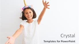  Presentation with unicorn girl - PPT layouts with beautiful child girl wearing unicorn diadem standing over isolated white background looking at the camera smiling with open arms for hug cheerful expression embracing happiness background and a sky blue colored foreground