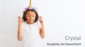  Presentation with unicorn girl - PPT layouts enhanced with beautiful child girl wearing unicorn diadem standing over isolated white background gesturing finger crossed smiling with hope and eyes closed luck and superstitious concept background and a sky blue colored foreground