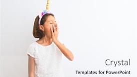  Presentation with unicorn girl - Colorful presentation theme enhanced with beautiful child girl wearing unicorn diadem standing over isolated white background bored yawning tired covering mouth with hand restless and sleepiness backdrop and a sky blue colored foreground
