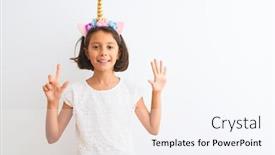  Presentation with unicorn girl - Slide set with beautiful child girl wearing unicorn diadem standing over isolated white background showing and pointing up with fingers number seven while smiling confident and happy background and a sky blue colored foreground