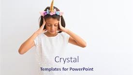  Presentation with unicorn girl - Amazing presentation design having beautiful child girl wearing unicorn diadem standing over isolated white background with hand on head for pain in head because stress suffering migraine backdrop and a sky blue colored foreground