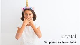  Presentation with unicorn girl - Beautiful PPT layouts featuring beautiful child girl wearing unicorn diadem standing over isolated white background shocked covering mouth with hands for mistake secret concept backdrop and a sky blue colored foreground