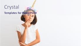  Presentation with unicorn girl - Slide deck with beautiful child girl wearing unicorn diadem standing over isolated white background with hand on chin thinking about question pensive expression smiling with thoughtful face doubt concept background and a sky blue colored foreground