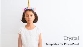  Presentation with unicorn girl - Audience pleasing slide deck consisting of beautiful child girl wearing unicorn diadem standing over isolated white background relaxed with serious expression on face simple and natural looking at the camera backdrop and a sky blue colored foreground
