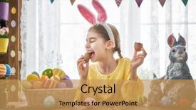 Presentation with bunny - Slides with beautiful child is eating chocolate background and a yellow colored foreground