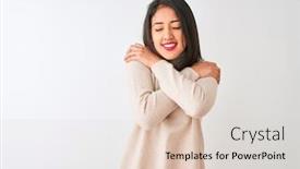  Presentation with confident love - Theme having beautiful chinese woman wearing turtleneck sweater standing over isolated white background hugging oneself happy and positive smiling confident self love and self care background and a lemonade colored foreground