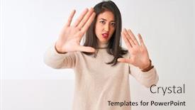  Presentation with fingers - PPT layouts enhanced with beautiful chinese woman wearing turtleneck sweater standing over isolated white background doing frame using hands palms and fingers camera perspective background and a lemonade colored foreground