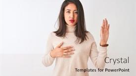  Presentation with hand palm - Colorful presentation theme enhanced with devotion - beautiful chinese woman wearing turtleneck backdrop and a lemonade colored foreground