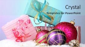  Presentation with gifts - Slide deck with beautiful christmas balls and gifts on snow on bright background background and a arctic colored foreground