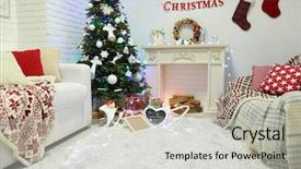  Presentation with fir tree - Theme featuring beautiful christmas interior with sofa decorative fireplace and fir tree background and a light gray colored foreground