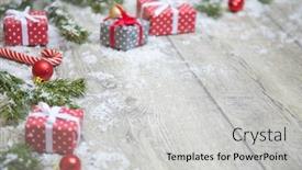  Presentation with gifts - Presentation theme featuring beautiful christmas picture with branches of a christmas tree gifts and new year's ornaments background and a light gray colored foreground