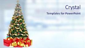  Presentation with banner blue - Audience pleasing PPT theme consisting of beautiful christmas tree with gifts backdrop and a sky blue colored foreground