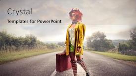  Presentation with suitcase - PPT theme featuring beautiful clown with a suitcase walking on a deserted road background and a soft green colored foreground
